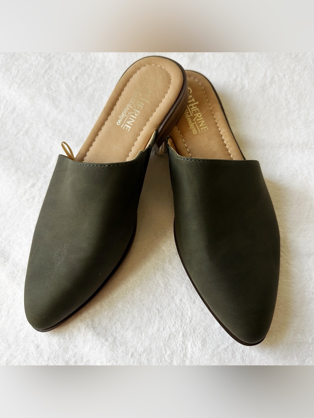 Catherine Malandrino ASOS Faux Leather Assymetric Green Grey Soft Mules, size 9